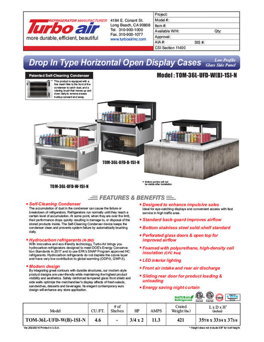 Turbo Air TOM-36L-UFD-W-1SI-N 36" Drop-In Horizontal Open Air Cooler w/ (1) Level – White Exterior, 115v - Bakery Wholesalers