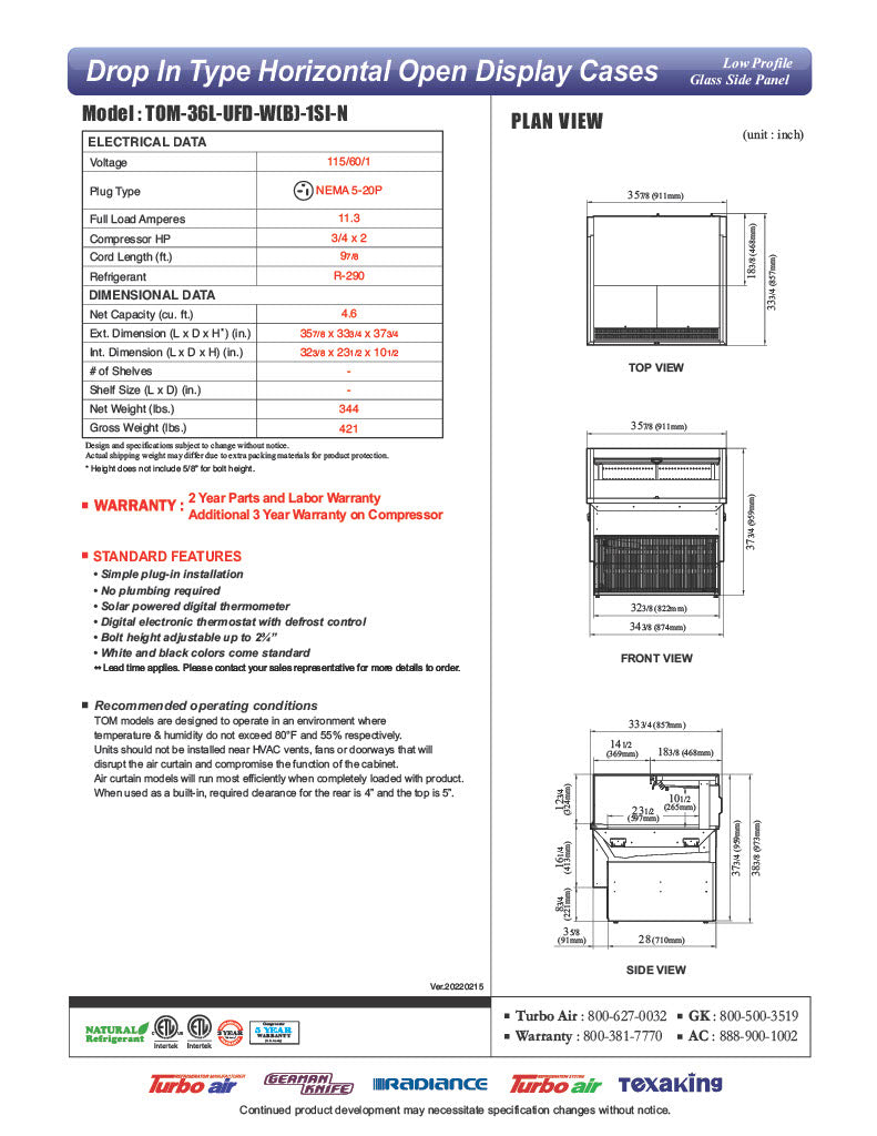 Turbo Air TOM-36L-UFD-W-1SI-N 36" Drop-In Horizontal Open Air Cooler w/ (1) Level – White Exterior, 115v - Donut-Equipment.com