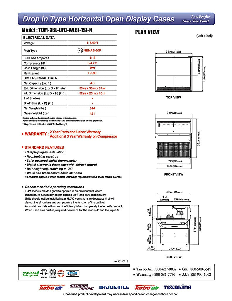 Turbo Air TOM-36L-UFD-W-1SI-N 36" Drop-In Horizontal Open Air Cooler w/ (1) Level – White Exterior, 115v - Donut-Equipment.com