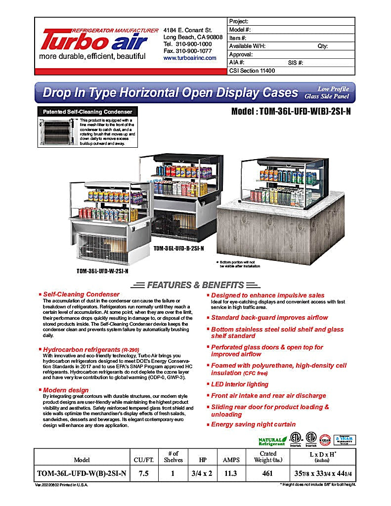 Turbo Air TOM-36L-UFD-W-2SI-N 35 7/8" Drop-In Horizontal Open Air Cooler w/ (2) Levels – White Exterior, 115v - Donut-Equipment.com