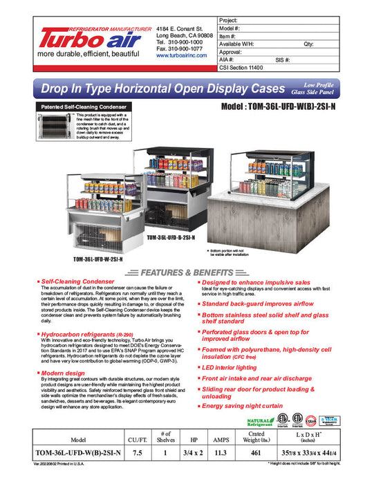 Turbo Air TOM-36L-UFD-B-2SI-N 35 7/8" Drop-In Horizontal Open Air Cooler w/ (2) Levels – Black Exterior, 115v - Bakery Wholesalers