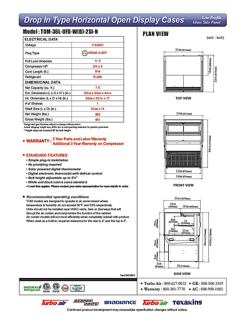 Turbo Air TOM-36L-UFD-W-2SI-N 35 7/8" Drop-In Horizontal Open Air Cooler w/ (2) Levels – White Exterior, 115v - Donut-Equipment.com