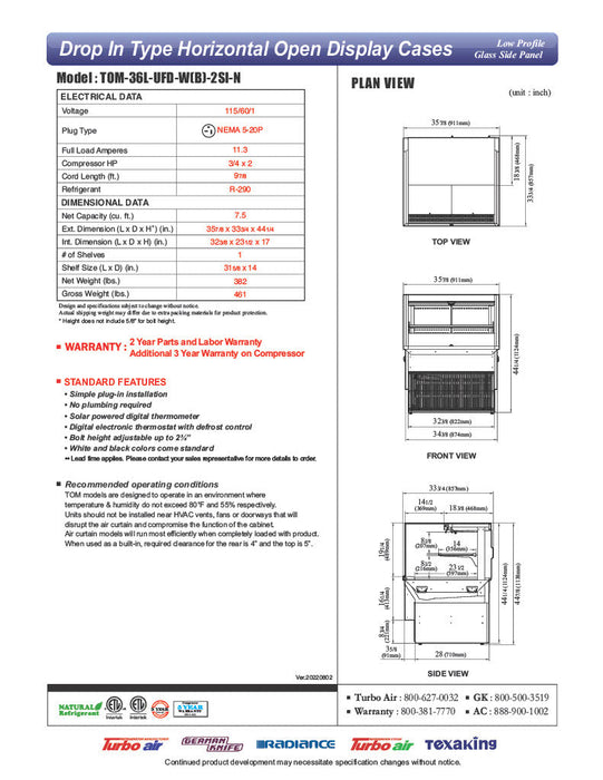 Turbo Air TOM-36L-UFD-B-2SI-N 35 7/8" Drop-In Horizontal Open Air Cooler w/ (2) Levels – Black Exterior, 115v - Bakery Wholesalers
