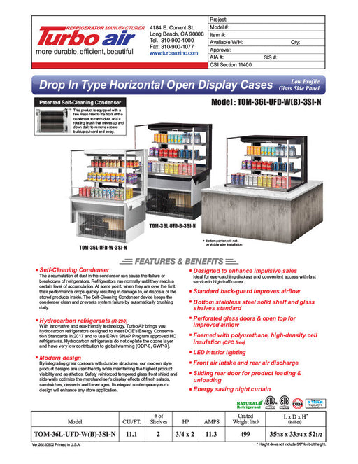 Turbo Air TOM-36L-UFD-W-3SI-N 36" Drop-In Horizontal Open Air Cooler w/ (3) Levels – White Exterior, 115v - Bakery Wholesalers