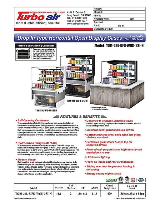 Turbo Air TOM-36L-UFD-W-3SI-N 36" Drop-In Horizontal Open Air Cooler w/ (3) Levels – White Exterior, 115v - Donut-Equipment.com