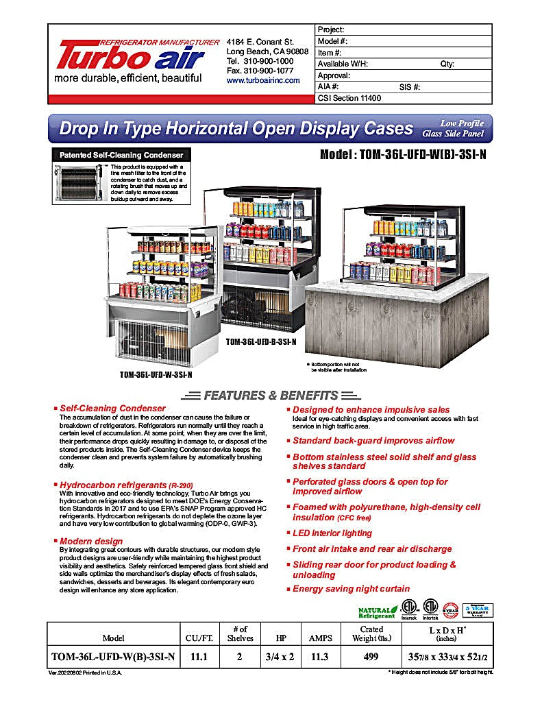 Turbo Air TOM-36L-UFD-W-3SI-N 36" Drop-In Horizontal Open Air Cooler w/ (3) Levels – White Exterior, 115v - Donut-Equipment.com