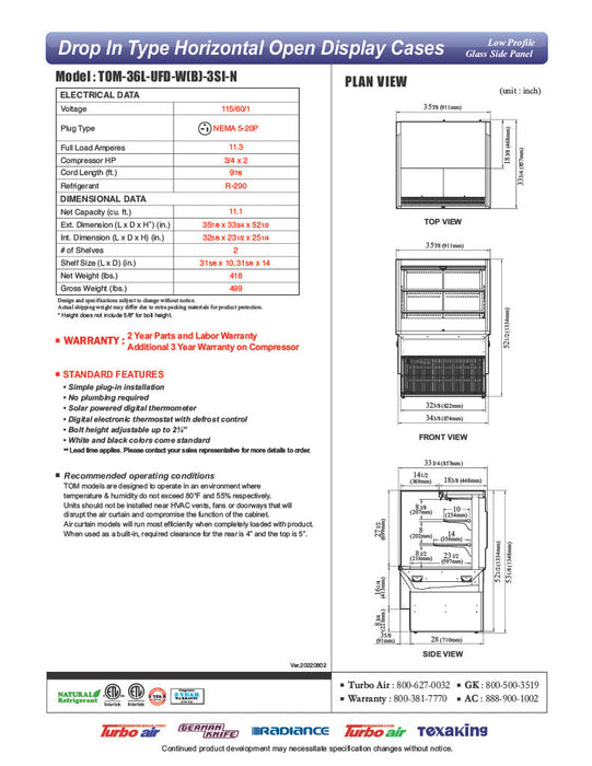 Turbo Air TOM-36L-UFD-B-3SI-N 36" Drop-In Horizontal Open Air Cooler w/ (3) Levels – Black Exterior, 115v - Bakery Wholesalers
