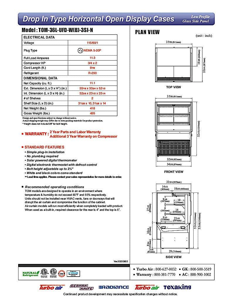 Turbo Air TOM-36L-UFD-W-3SI-N 36" Drop-In Horizontal Open Air Cooler w/ (3) Levels – White Exterior, 115v - Donut-Equipment.com