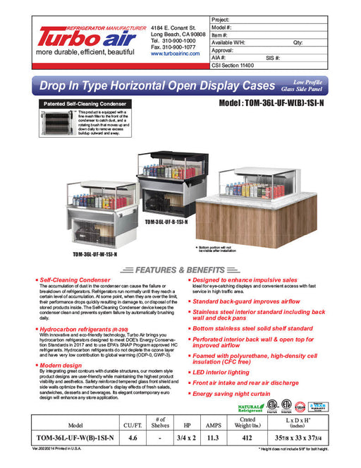 Turbo Air TOM-36L-UF-W-1SI-N 35 7/8" Drop-In Horizontal Open Air Cooler w/ (1) Level – White Exterior, 115v - Bakery Wholesalers