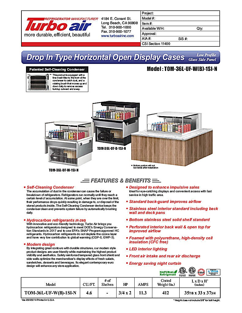 Turbo Air TOM-36L-UF-W-1SI-N 35 7/8" Drop-In Horizontal Open Air Cooler w/ (1) Level – White Exterior, 115v - Donut-Equipment.com