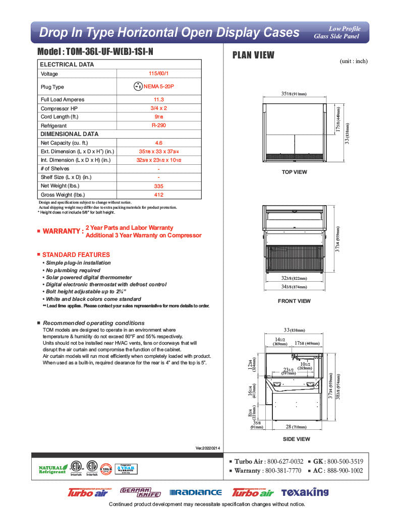 Turbo Air TOM-36L-UF-B-1SI-N 35 7/8" Drop-In Horizontal Open Air Cooler w/ (1) Level – Black Exterior, 115v - Donut-Equipment.com
