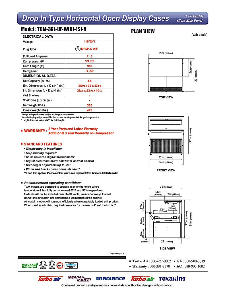 Turbo Air TOM-36L-UF-W-1SI-N 35 7/8" Drop-In Horizontal Open Air Cooler w/ (1) Level – White Exterior, 115v - Donut-Equipment.com