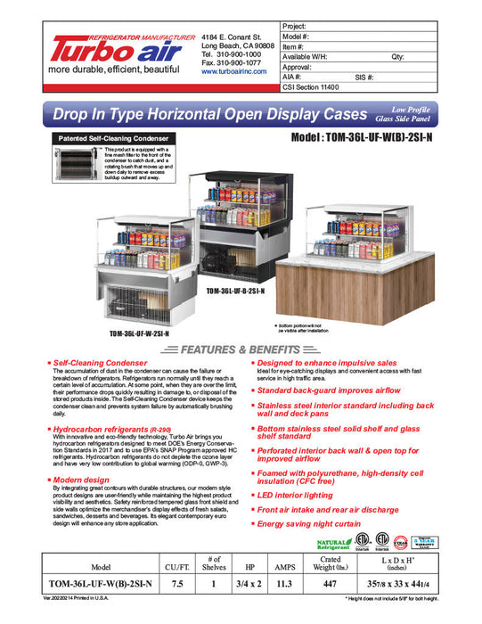 Turbo Air TOM-36L-UF-W-2SI-N 35 7/8" Drop-In Horizontal Open Air Cooler w/ (2) Levels – White Exterior, 115v - Bakery Wholesalers