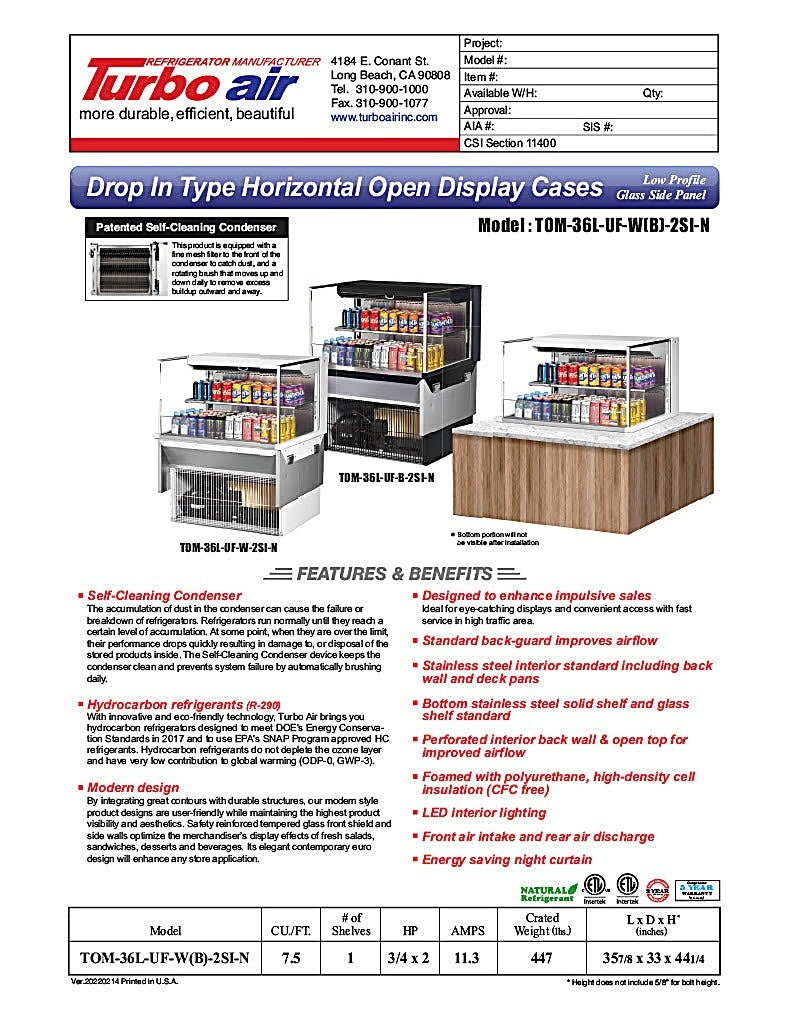 Turbo Air TOM-36L-UF-B-2SI-N 35 7/8" Drop-In Horizontal Open Air Cooler w/ (2) Levels – Black Exterior, 115v - Donut-Equipment.com