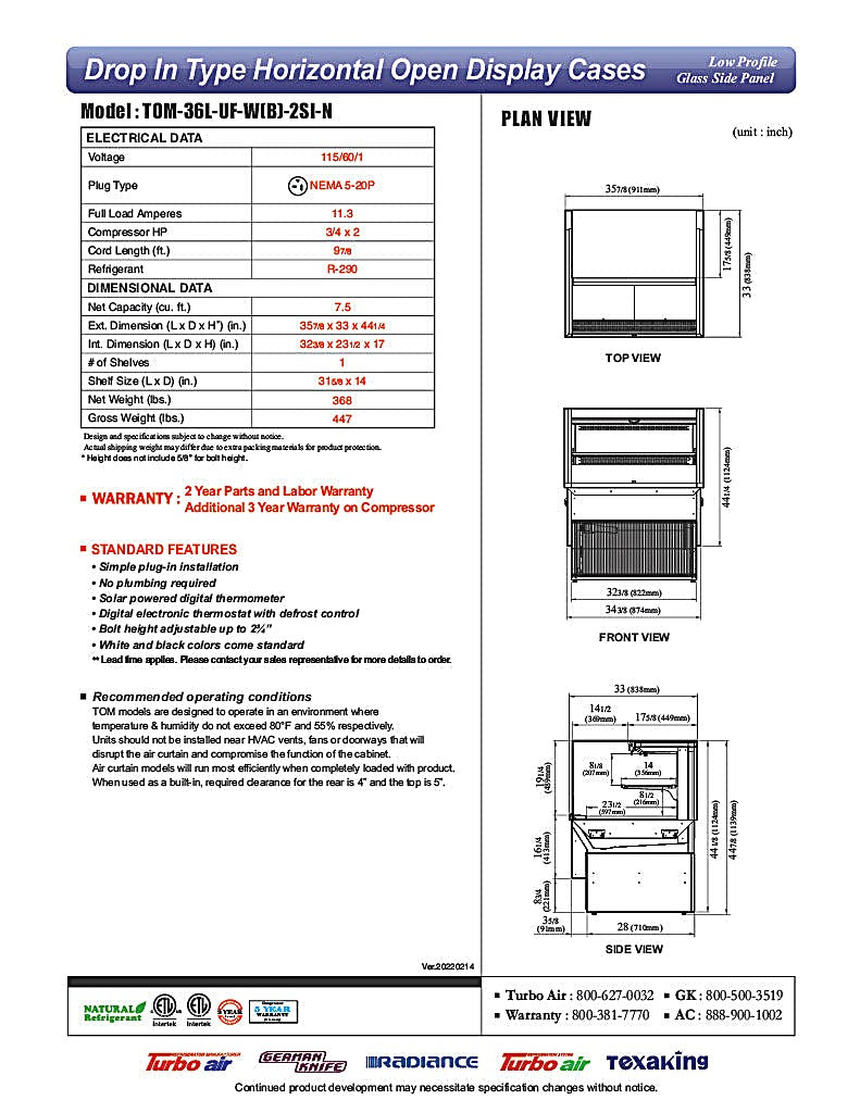 Turbo Air TOM-36L-UF-B-2SI-N 35 7/8" Drop-In Horizontal Open Air Cooler w/ (2) Levels – Black Exterior, 115v - Donut-Equipment.com