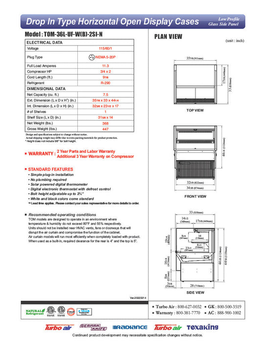 Turbo Air TOM-36L-UF-W-2SI-N 35 7/8" Drop-In Horizontal Open Air Cooler w/ (2) Levels – White Exterior, 115v - Bakery Wholesalers