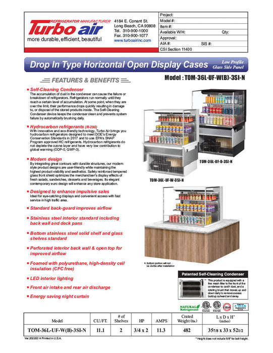 Turbo Air TOM-36L-UF-W-3SI-N 35 7/8" Drop-In Horizontal Open Air Cooler w/ (3) Levels – White Exterior, 115v - Bakery Wholesalers