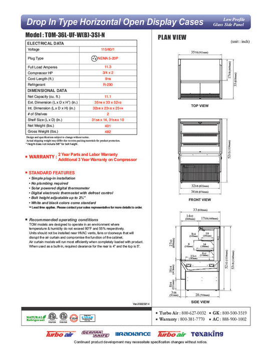 Turbo Air TOM-36L-UF-W-3SI-N 35 7/8" Drop-In Horizontal Open Air Cooler w/ (3) Levels – White Exterior, 115v - Bakery Wholesalers