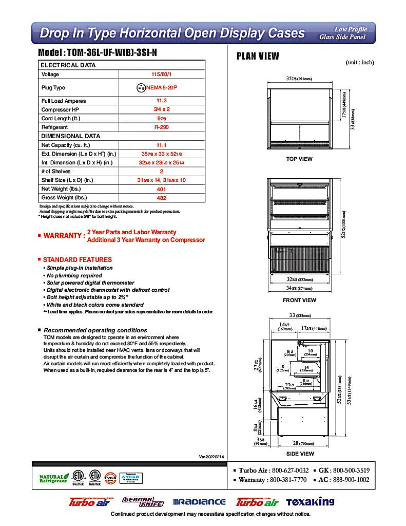 Turbo Air TOM-36L-UF-W-3SI-N 35 7/8" Drop-In Horizontal Open Air Cooler w/ (3) Levels – White Exterior, 115v - Donut-Equipment.com