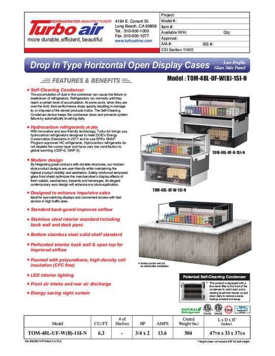 Turbo Air TOM-48L-UF-W-1SI-N 47 7/8" Drop-In Horizontal Open Air Cooler w/ (1) Level – White Exterior, 115v - Bakery Wholesalers