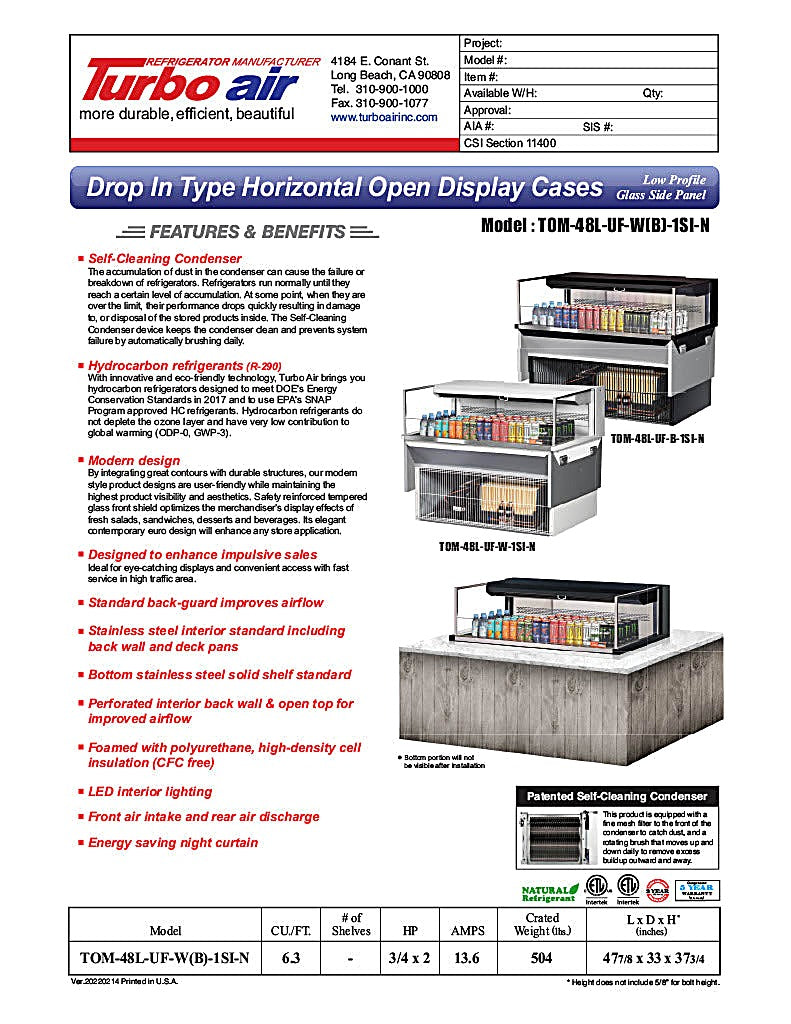 Turbo Air TOM-48L-UF-W-1SI-N 47 7/8" Drop-In Horizontal Open Air Cooler w/ (1) Level – White Exterior, 115v - Donut-Equipment.com