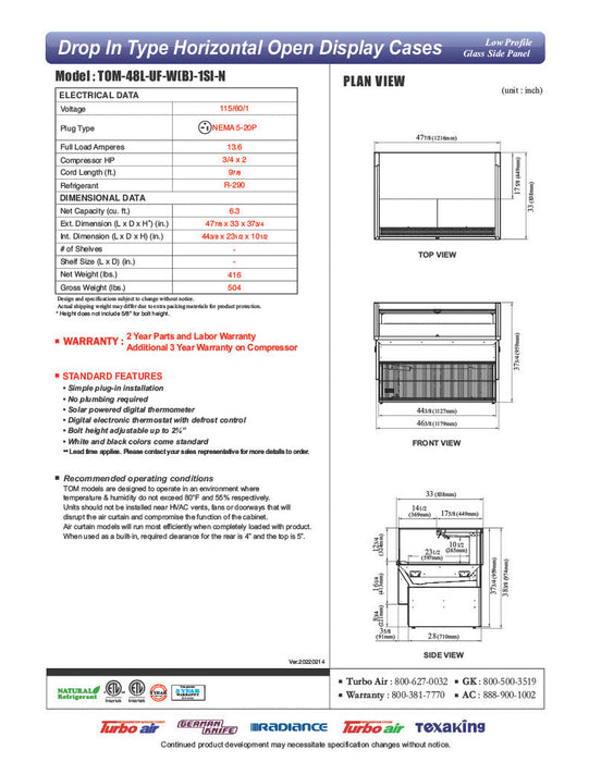 Turbo Air TOM-48L-UF-W-1SI-N 47 7/8" Drop-In Horizontal Open Air Cooler w/ (1) Level – White Exterior, 115v - Bakery Wholesalers
