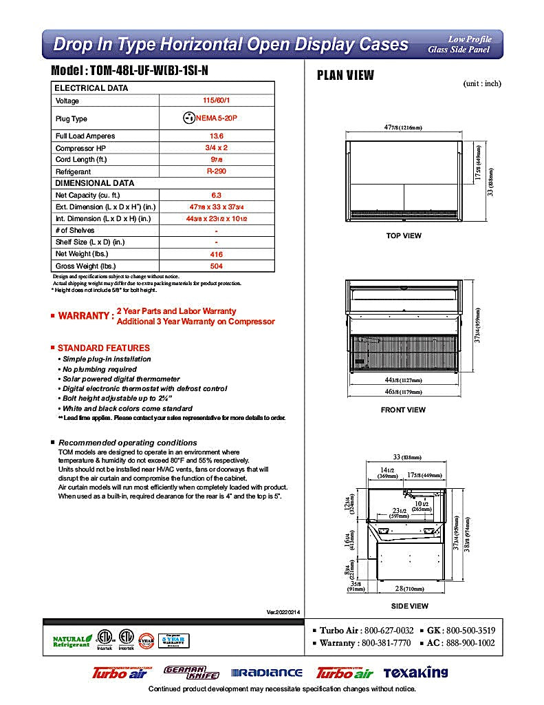 Turbo Air TOM-48L-UF-W-1SI-N 47 7/8" Drop-In Horizontal Open Air Cooler w/ (1) Level – White Exterior, 115v - Donut-Equipment.com