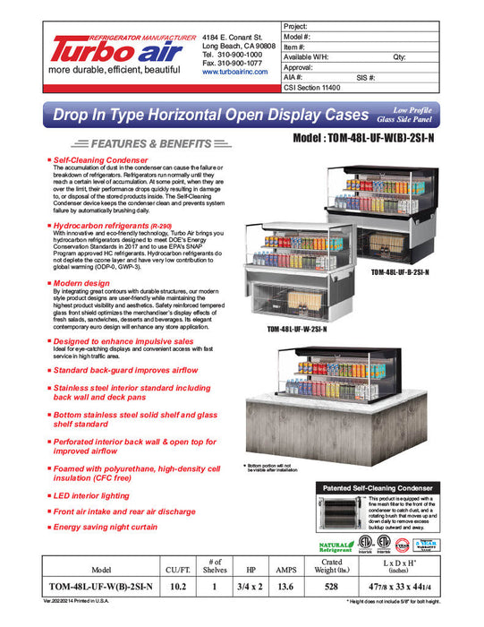 Turbo Air TOM-48L-UF-B-2SI-N 47 7/8" Drop-In Horizontal Open Air Cooler w/ (2) Levels – Black Exterior, 115v - Bakery Wholesalers