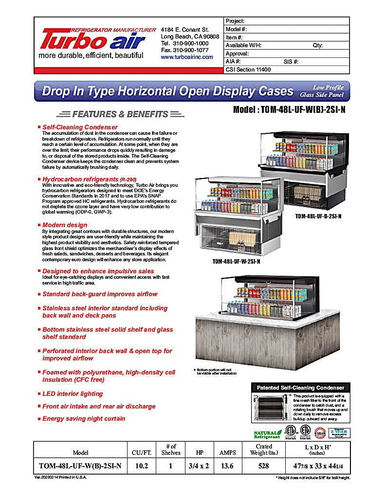 Turbo Air TOM-48L-UF-W-2SI-N 47 7/8" Drop-In Horizontal Open Air Cooler w/ (2) Levels – White Exterior, 115v - Donut-Equipment.com