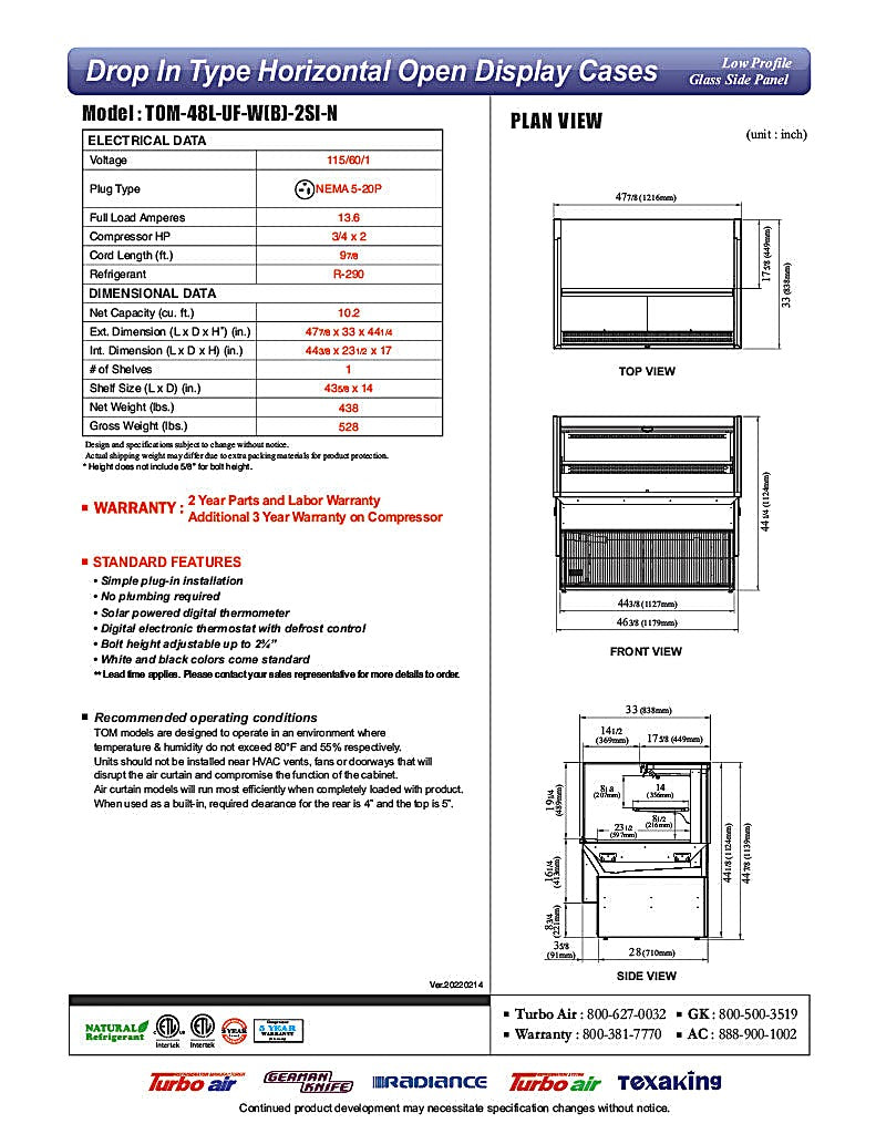 Turbo Air TOM-48L-UF-W-2SI-N 47 7/8" Drop-In Horizontal Open Air Cooler w/ (2) Levels – White Exterior, 115v - Donut-Equipment.com