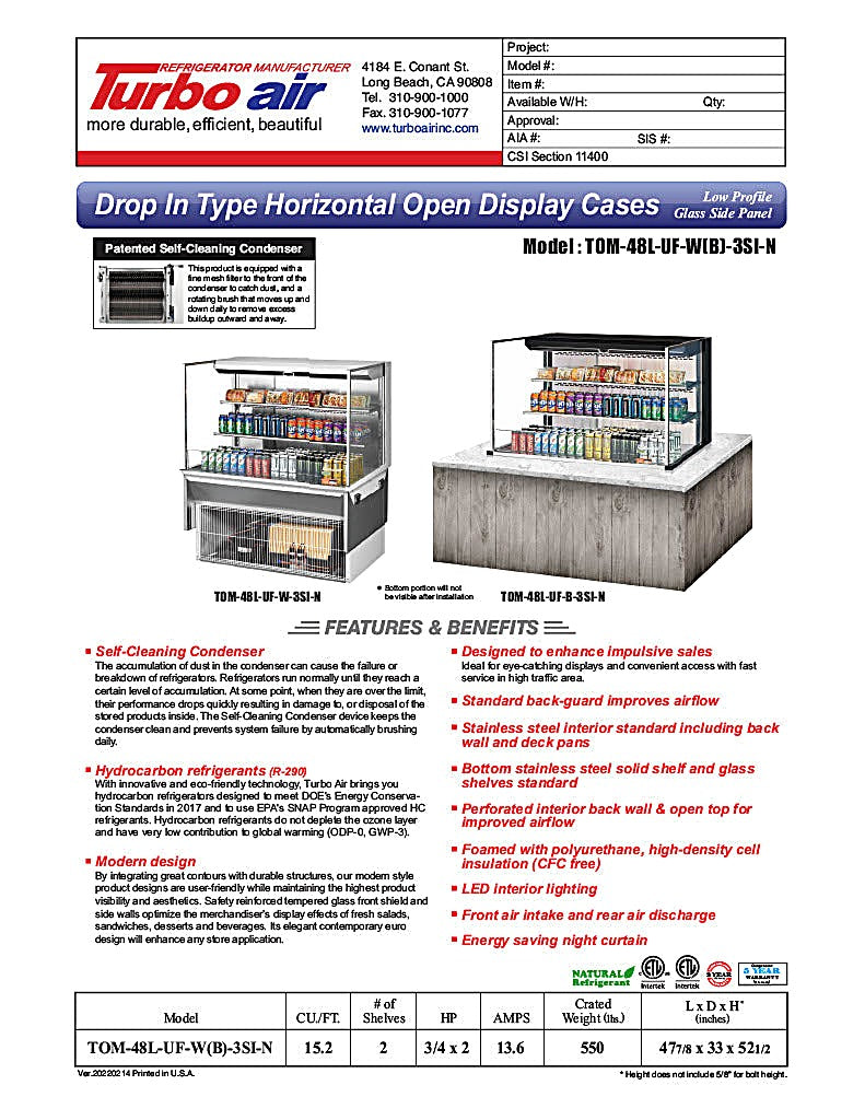 Turbo Air TOM-48L-UF-W-3SI-N 47 7/8" Drop-In Horizontal Open Air Cooler w/ (3) Levels – White Exterior, 115v - Donut-Equipment.com