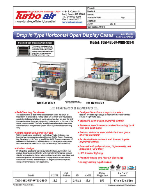 Turbo Air TOM-48L-UF-W-3SI-N 47 7/8" Drop-In Horizontal Open Air Cooler w/ (3) Levels – White Exterior, 115v - Bakery Wholesalers