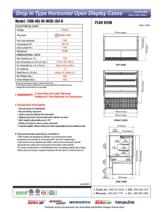Turbo Air TOM-48L-UF-W-3SI-N 47 7/8" Drop-In Horizontal Open Air Cooler w/ (3) Levels – White Exterior, 115v - Bakery Wholesalers