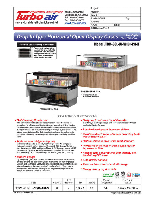 Turbo Air TOM-60L-UF-W-1SI-N 59 7/8" Drop-In Horizontal Open Air Cooler w/ (1) Level – White Exterior, 115v - Bakery Wholesalers