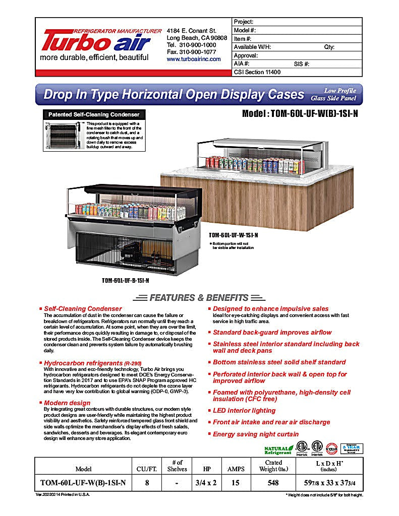 Turbo Air TOM-60L-UF-W-1SI-N 59 7/8" Drop-In Horizontal Open Air Cooler w/ (1) Level – White Exterior, 115v - Donut-Equipment.com