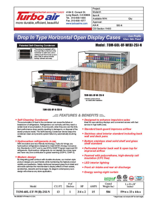 Turbo Air TOM-60L-UF-B-2SI-N 59 7/8" Drop-In Horizontal Open Air Cooler w/ (2) Levels – Black Exterior, 115v - Bakery Wholesalers