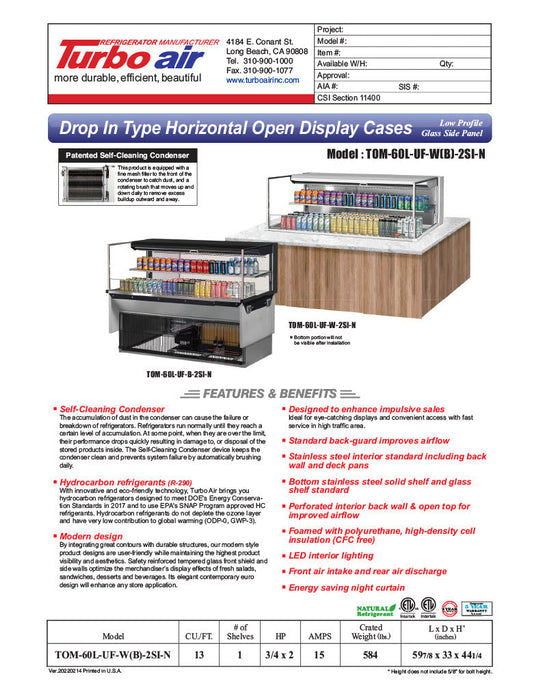 Turbo Air TOM-60L-UF-B-2SI-N 59 7/8" Drop-In Horizontal Open Air Cooler w/ (2) Levels – Black Exterior, 115v - Bakery Wholesalers