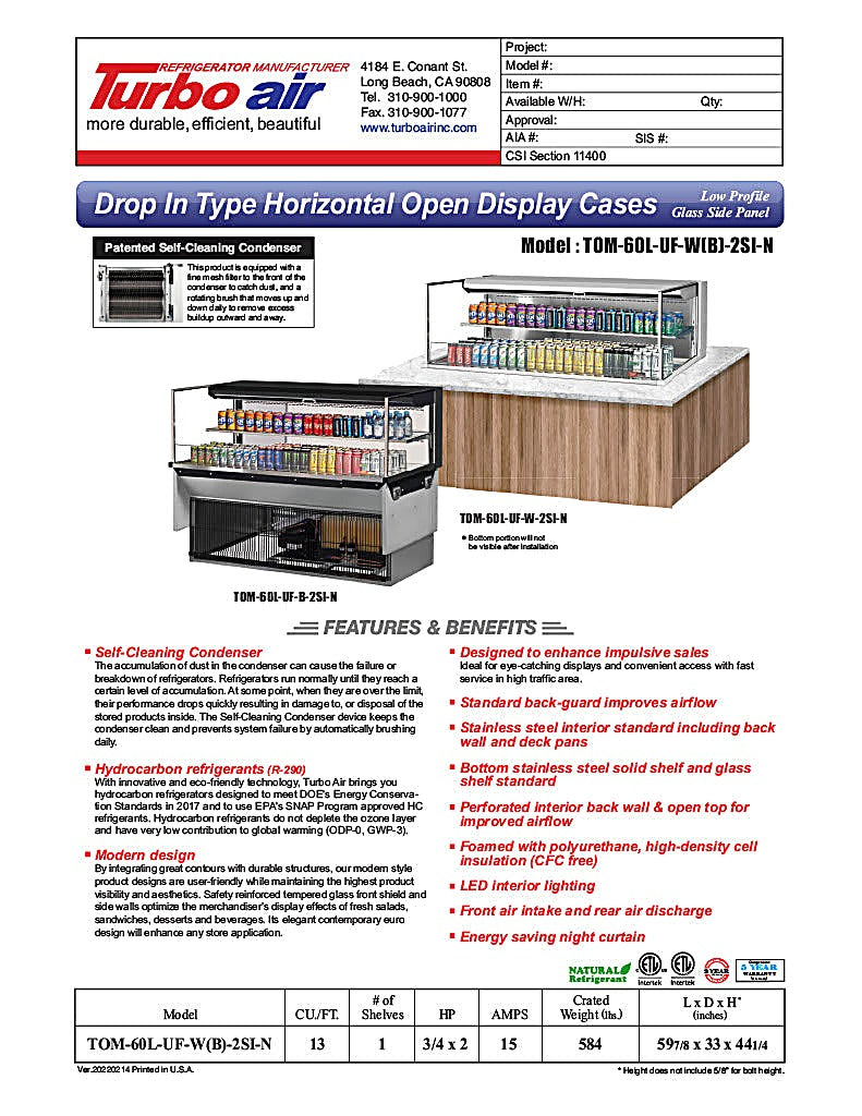 Turbo Air TOM-60L-UF-W-2SI-N 59 7/8" Drop-In Horizontal Open Air Cooler w/ (2) Levels – White Exterior, 115v - Donut-Equipment.com