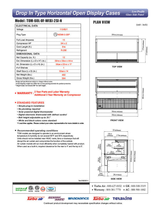 Turbo Air TOM-60L-UF-W-2SI-N 59 7/8" Drop-In Horizontal Open Air Cooler w/ (2) Levels – White Exterior, 115v - Bakery Wholesalers