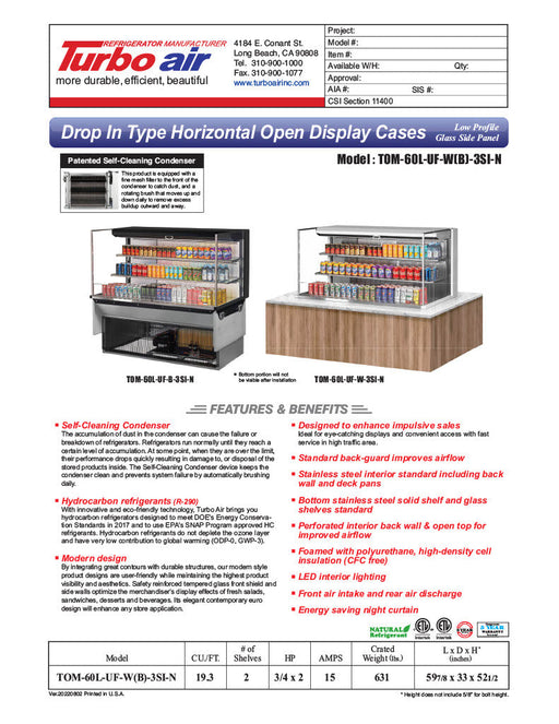 Turbo Air TOM-60L-UF-B-3SI-N 59 7/8" Drop-In Horizontal Open Air Cooler w/ (3) Levels – Black Exterior, 115v - Bakery Wholesalers