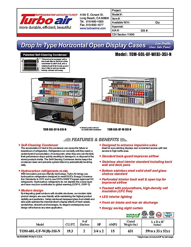 Turbo Air TOM-60L-UF-W-3SI-N 59 7/8" Drop-In Horizontal Open Air Cooler w/ (3) Levels – White Exterior, 115v - Donut-Equipment.com