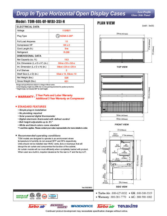 Turbo Air TOM-60L-UF-W-3SI-N 59 7/8" Drop-In Horizontal Open Air Cooler w/ (3) Levels – White Exterior, 115v - Bakery Wholesalers