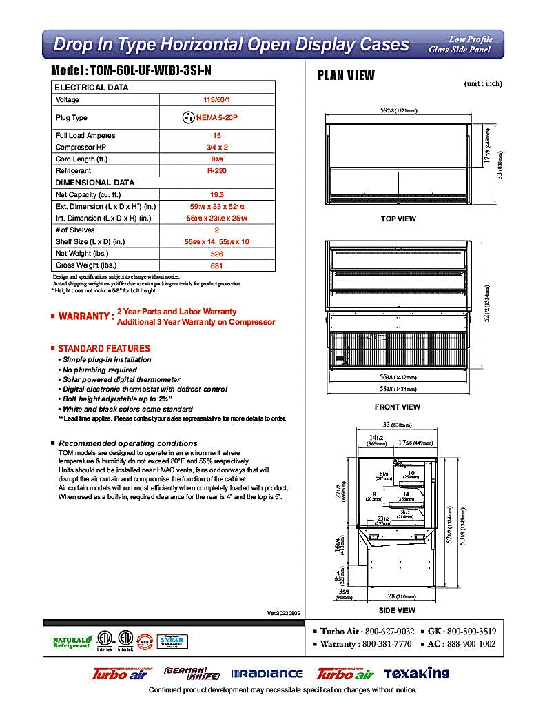 Turbo Air TOM-60L-UF-W-3SI-N 59 7/8" Drop-In Horizontal Open Air Cooler w/ (3) Levels – White Exterior, 115v - Donut-Equipment.com