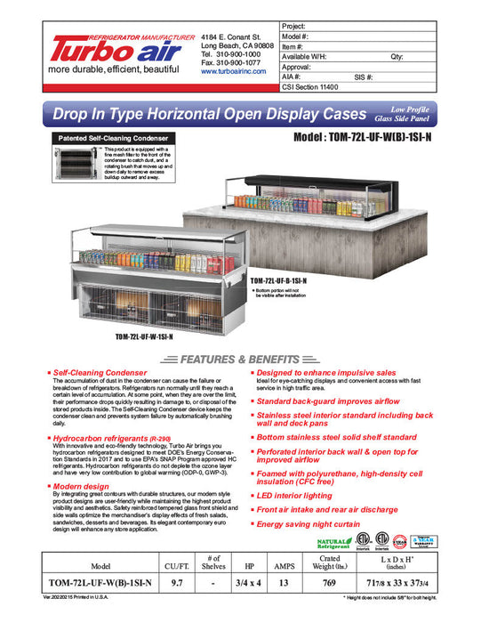 Turbo Air TOM-72L-UF-W-1SI-N 71 7/8" Drop-In Horizontal Open Air Cooler w/ (1) Level – White Exterior, 220v/1ph - Bakery Wholesalers