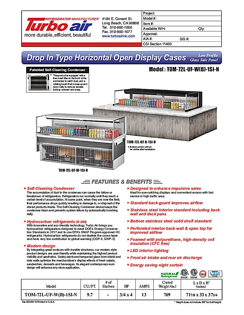Turbo Air TOM-72L-UF-W-1SI-N 71 7/8" Drop-In Horizontal Open Air Cooler w/ (1) Level – White Exterior, 220v/1ph - Donut-Equipment.com