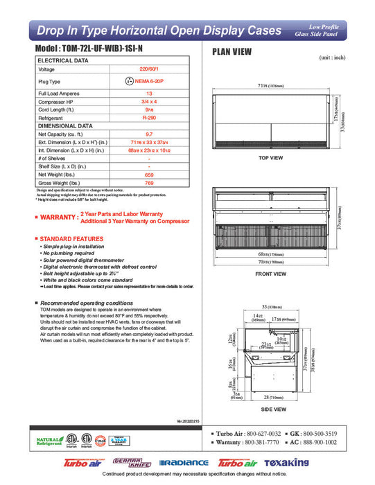 Turbo Air TOM-72L-UF-B-1SI-N 71 7/8" Drop-In Horizontal Open Air Cooler w/ (1) Level – Black Exterior, 220v/1ph - Bakery Wholesalers