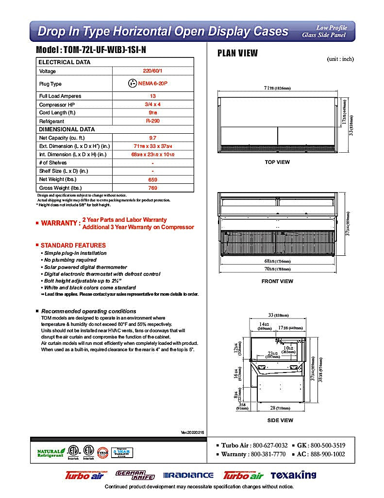 Turbo Air TOM-72L-UF-W-1SI-N 71 7/8" Drop-In Horizontal Open Air Cooler w/ (1) Level – White Exterior, 220v/1ph - Donut-Equipment.com