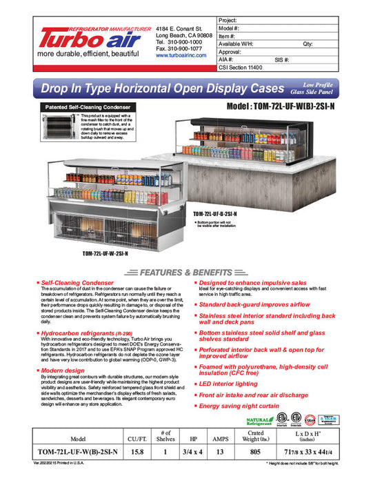 Turbo Air TOM-72L-UF-B-2SI-N 71 7/8" Drop-In Horizontal Open Air Cooler w/ (2) Levels – Black Exterior, 220v/1ph - Bakery Wholesalers