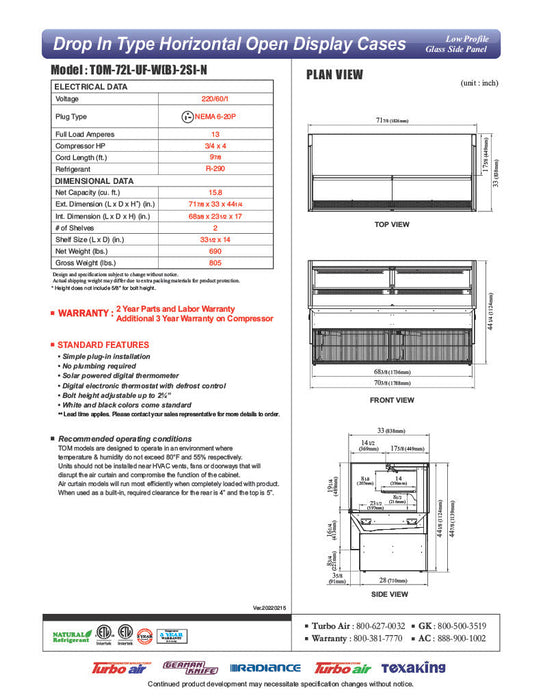 Turbo Air TOM-72L-UF-B-2SI-N 71 7/8" Drop-In Horizontal Open Air Cooler w/ (2) Levels – Black Exterior, 220v/1ph - Bakery Wholesalers