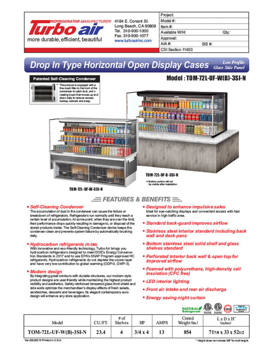 Turbo Air TOM-72L-UF-B-3SI-N 71 7/8" Drop-In Horizontal Open Air Cooler w/ (3) Levels – Black Exterior, 220v/1ph - Bakery Wholesalers